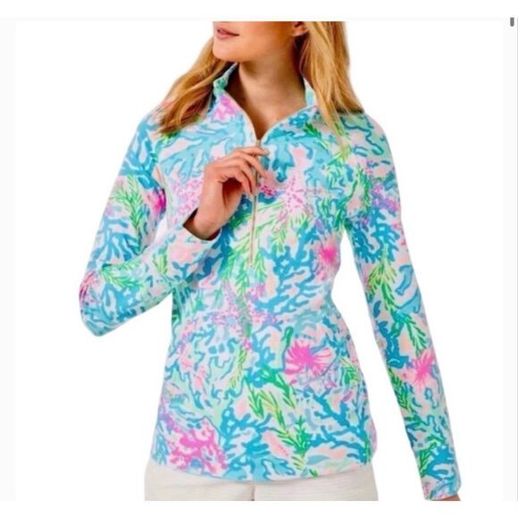 Lilly Pulitzer skipper popover quarter zip coral print large - Picture 1 of 10